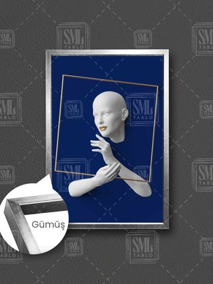 Duvardan Çıkan Kare Çerçeve Tutan Altın Dudaklı Heykel Çerçeveli Dikey Kanvas Tablo