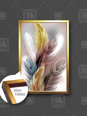 Renkli Kuş Tüyleri Gold Sim Detaylı Lüks Salon Dekoru Çerçeveli Dikey Kanvas Tablo
