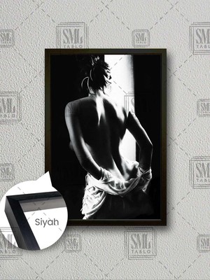 Sırtı Dönük Nü Kadın Sexy Siyah Beyaz Dekor Çerçeveli Dikey Kanvas Tablo