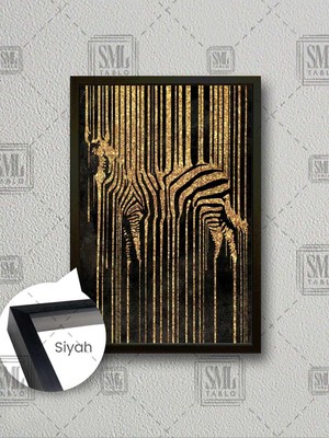 Altın Çizigili Zebra Lüks Salon Dekor Elegant Gold Hayvan Çerçeveli Dikey Kanvas Tablo