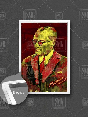 Karizma Gözlüklü Mustafa Kemal Atatürk Imzası Sarı ve Kırmızı Çerçeveli Dikey Kanvas Tablo