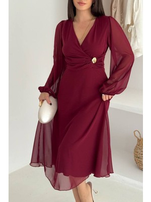 Neşeli Butik Kadın Bel Toka Detaylı Astarlı Şifon Elbise NBK4329
