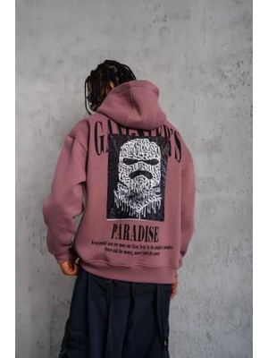 Erkek Paradise Baskılı Kapüşonlu Sweat - Gül Kurusu