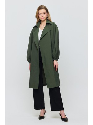 4579A Kuşaklı Kol Lastikli Trençkot Haki