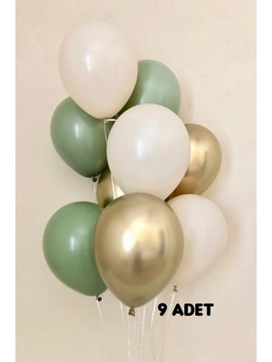 Krom Gold  Parlak Küf Yeşili ve Pastel Beyaz Renk Balon 9 Adet