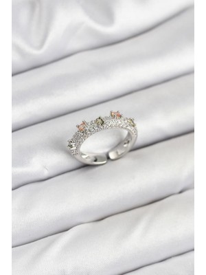 Pirinç Gümüş Renk Zirkon Taşlı Vintage Kadın Yüzük - TJ-BYK3833