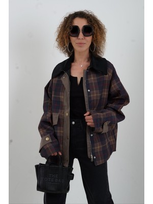 Kadife Kontrast Yaka Ekose Ceket