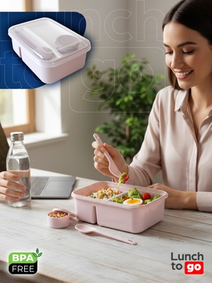 Beslenme Kabı - Çatal Kaşıklı - Bölmeli ve Sosluklu - Plastik Beslenme Kutusu - Lunch To Go Serisi