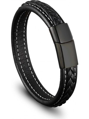 Kuşkaya Ticaret Siyah Siyah Saç Örgülü Deri ve Çelik Bileklik