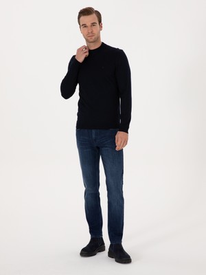 Cacharel Erkek Lacivert Slim Fit Yün Karışımlı Çeyrek Balıkçı Basic Triko Kazak 50315295-VR033