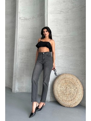 Mom Fit Enzim Taş Yıkama Jeans Pantolon Füme D2006