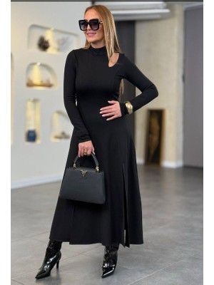 Gökyüzü Moda Kadın Balıkçı Yaka Damla Detaylı Yırtmaçlı Uzun Viskon Iki Iplik Maxi Elbise