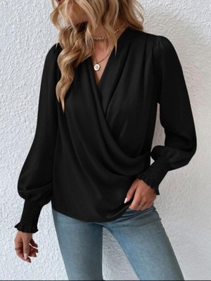 Arben Boutique Kadın Uzun Kollu Dökümlü Kruvaze Yaka Kol Ucu Gipeli Sandy Bluz