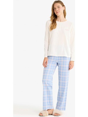 DeFacto Pijama Takımı Regular Fit Uzun Kollu Üst Kareli Uzun Alt G0225AX25AU