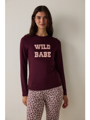 Penti Bordo  Sloganlı Uzun Kollu Termal Etkili Pijama Üstü