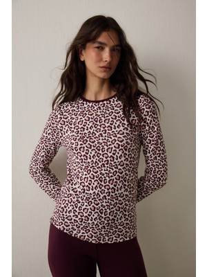 Penti Bordo Leopar Desenli  Uzun Kollu Termal Etkili Pijama Üstü