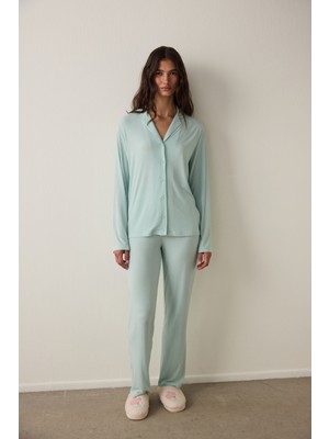 Mint Fitilli Gömlek Yaka Düğmeli Uzun Kollu Sürdürülebilir Viskon Pijama Takımı
