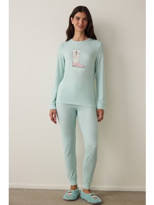 Penti Mint Sleep-In Sloganlı Termal Etkili Bisiklet Yaka Uzun Kollu Pijama Üstü