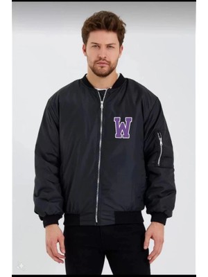 Unisex Uzun Kol Baskılı Bomber Ceket - Siyah