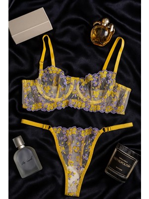 Sarı Çiçek Işlemeli Transparan Dantel Sütyen & String Takım