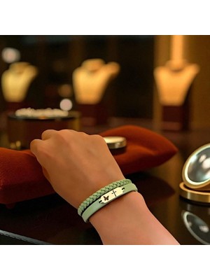 14 Ayar Plakalı Altın Haç Temalı Doğal Yeşil Derili Kelebek Figürlü Hediye BILEKLIK-660SEMBOL