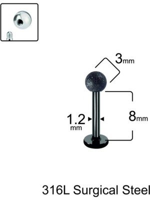 %100 Cerrahi Çelik Siyah Cancanlı Labret Piercing-Dudak-Top Çapı 3 Mm- Bar Uzunluğu 8mm-1 Adet