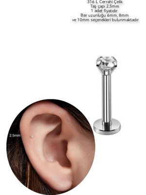 Bylin %100 Cerrahi Çelik Pıercıng Dudak /kulak/burun- Taş Çapı 2,5mm / Bar uzunluğu 8mm- 1 Adet