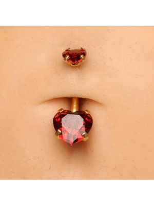 Çift Kalp Kırmızı Zirkon Taşlı Cerrahi Çelik Göbek Piercing - Bar Uzunluğu 10MM- 1 Adet