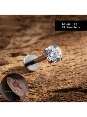 Bylin %100 316 L Cerrahi Çelik Tek Taş Dudak/kulak Piercing Takısı (Taş Çapı 4mm)Bar boy 6mm -1 Adet