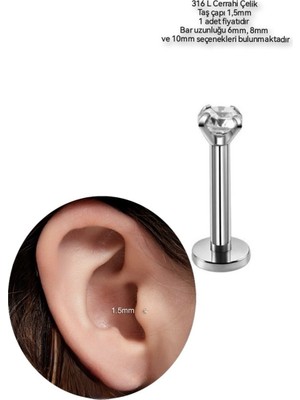 Bylin %100 Cerrahi Çelik Pıercıng Dudak /kulak/burun- Taş Çapı 1,5 Mm(En Küçük Taş Çapı) - Bar boy 6mm/1 Adet