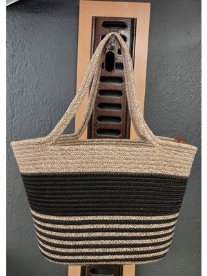 Doğal Hasır Jüt El Örmesi Günlük Kullanım ve Plaj Için Uygun Bayan Çanta-Bej Siyah Çizgili V2