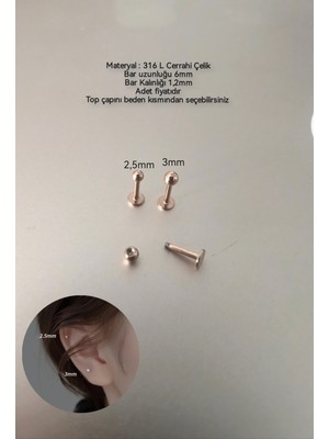 %100 316 L Cerrahi Çelik Top Uçlu Labret Piercıng - Bar Uzunluğu 6 mm - 1 Adet