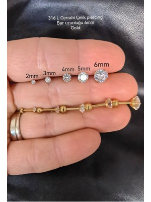 %100 316 L Cerrahi Çelik Prenses Kesim Tek Taş Piercing - Bar Uzunluğu 6mm - 1 Adet