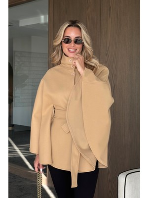 Camel Düğmeli Kuşaklı Kaşe Panço - 2055