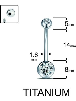 %100 G23 Titanyum Çift Taşlı Göbek Piercing - Bar Uzunluğu 14MM(UZUN)-1 Adet
