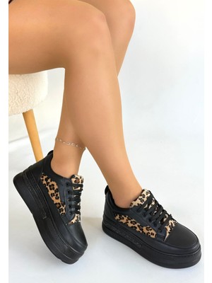 Lorrin Siyah Cilt Leopar Detaylı Bağcıklı Spor Ayakkabı
