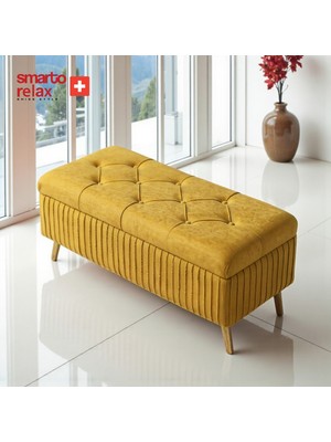 Smarto Relax Swiss Style puf , Appenzell KapitoneSandıklı  Puf, Babyface Kaplama, 100x40x45 cm, Ahşap Ayaklı ,Sandıklı Dekoratif  Puf(Sarı)