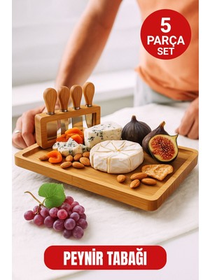5 Parça Bambu Peynir Sunum Tahtası Seti – Bıçak, Çatal ve Spatulalı Şık Peynir Kesim Panosu