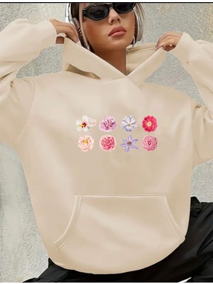 Çiçekler Baskılı Içi Polarlı Kapüşonlu Sweatshirt