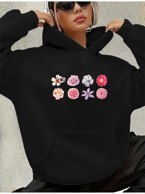 Çiçekler Baskılı Içi Polarlı Kapüşonlu Sweatshirt