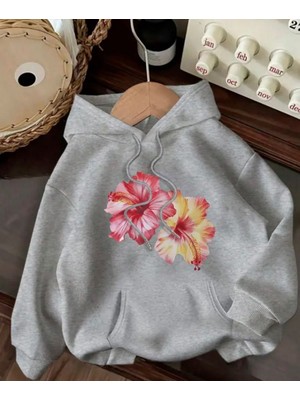 Çiçek Baskılı  Içi Polarlı Kapüşonlu Sweatshirt