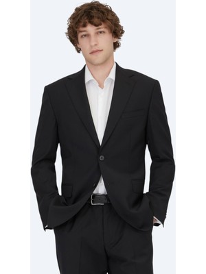 Siyah Desenli Modern Fit Yün Karışımlı Takım Elbise