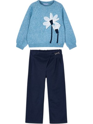 Mayoral Kız Çocuk Takımı | Mavi 3D Çiçekli Kazak & Lacivert Palazzo Pantolon | 4-10 Yaş