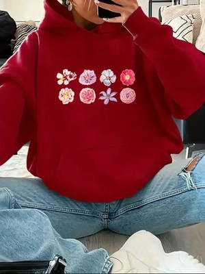 Çiçekler Baskılı Içi Polarlı Kapüşonlu Sweatshirt