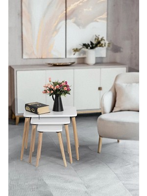 Flora Este Sehpa Ahşap Ayaklı Üçlü Zigon (Beyaz)Flora Este Sehpa Ahşap Ayaklı Üçlü Zigon (Beyaz)