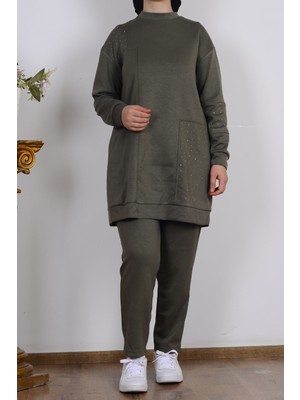 Armine 25YT616 Haki Kadın Iki Iplik Taş Detaylı Pantolonlu Takım