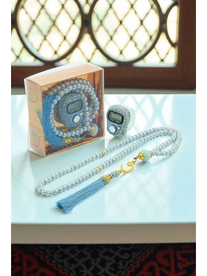 Hediyelik Taşlı Zikirmatik ve 99 Lu Inci Tesbih Kutulu Set - Mavi