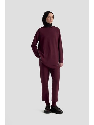 Armine 25KT603 Bordo Kadın Kapüşonlu Iki Iplik Taşlı Pantolonlu Takım