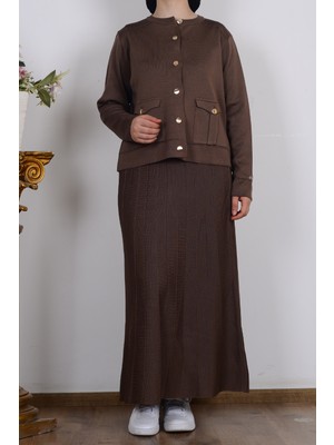 Armine 25YTD6120 Kahverengi Kadın Cep Detaylı Etekli Triko Takım