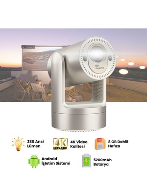 Apollon Hy7 Bataryalı Projeksiyon Cihazı Taşınabilir 4K Destekli 1080P Android Sistemli Projektör